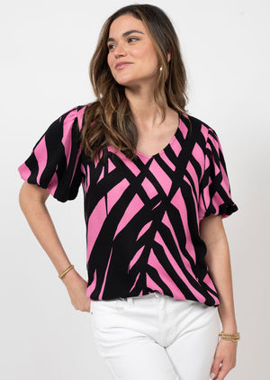V-Neck and Puff Sleeve Top PINK/BLACK