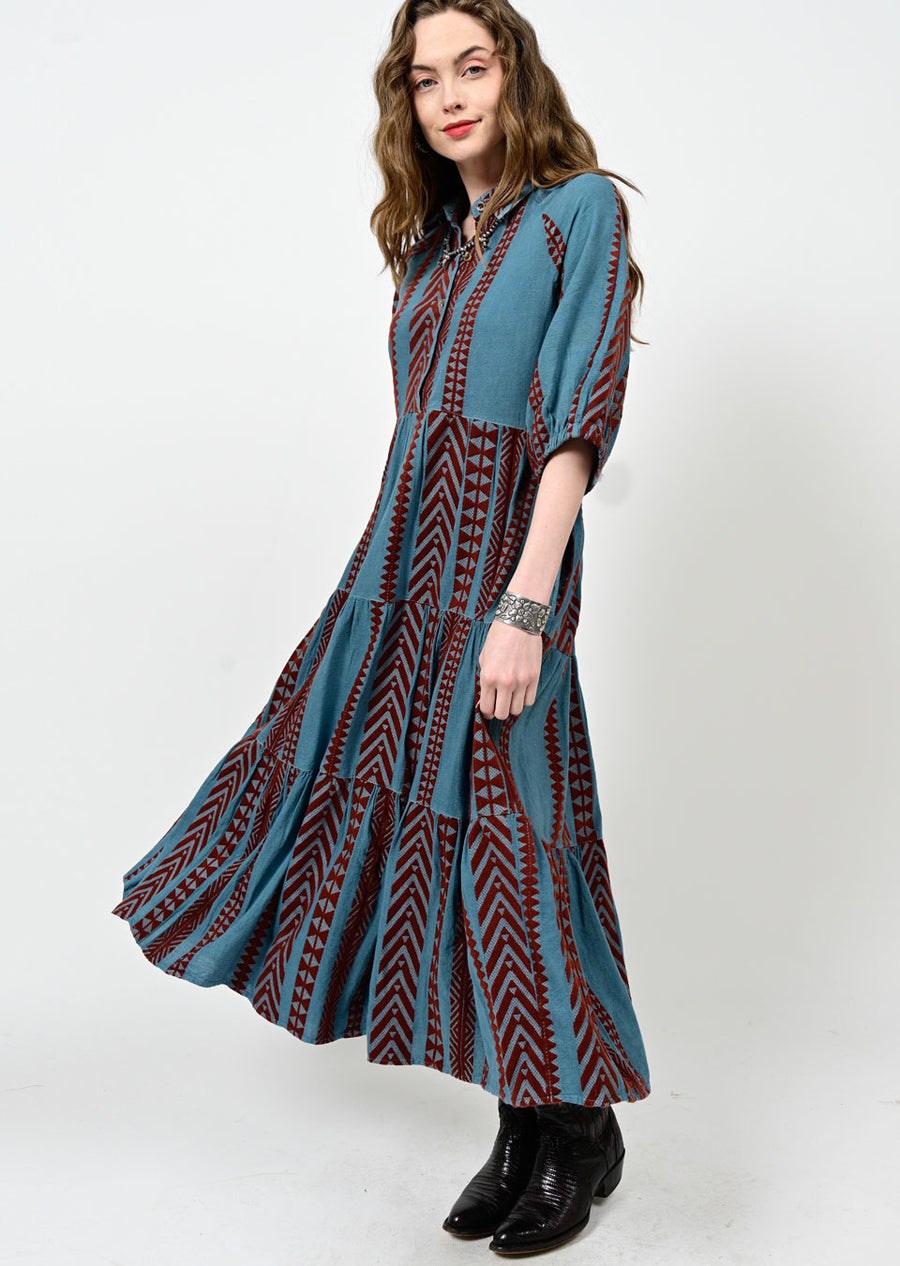 Pattern and Tiered Dress BLUE