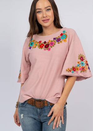 Flutter Sleeve French Terry Mexican Emb Top