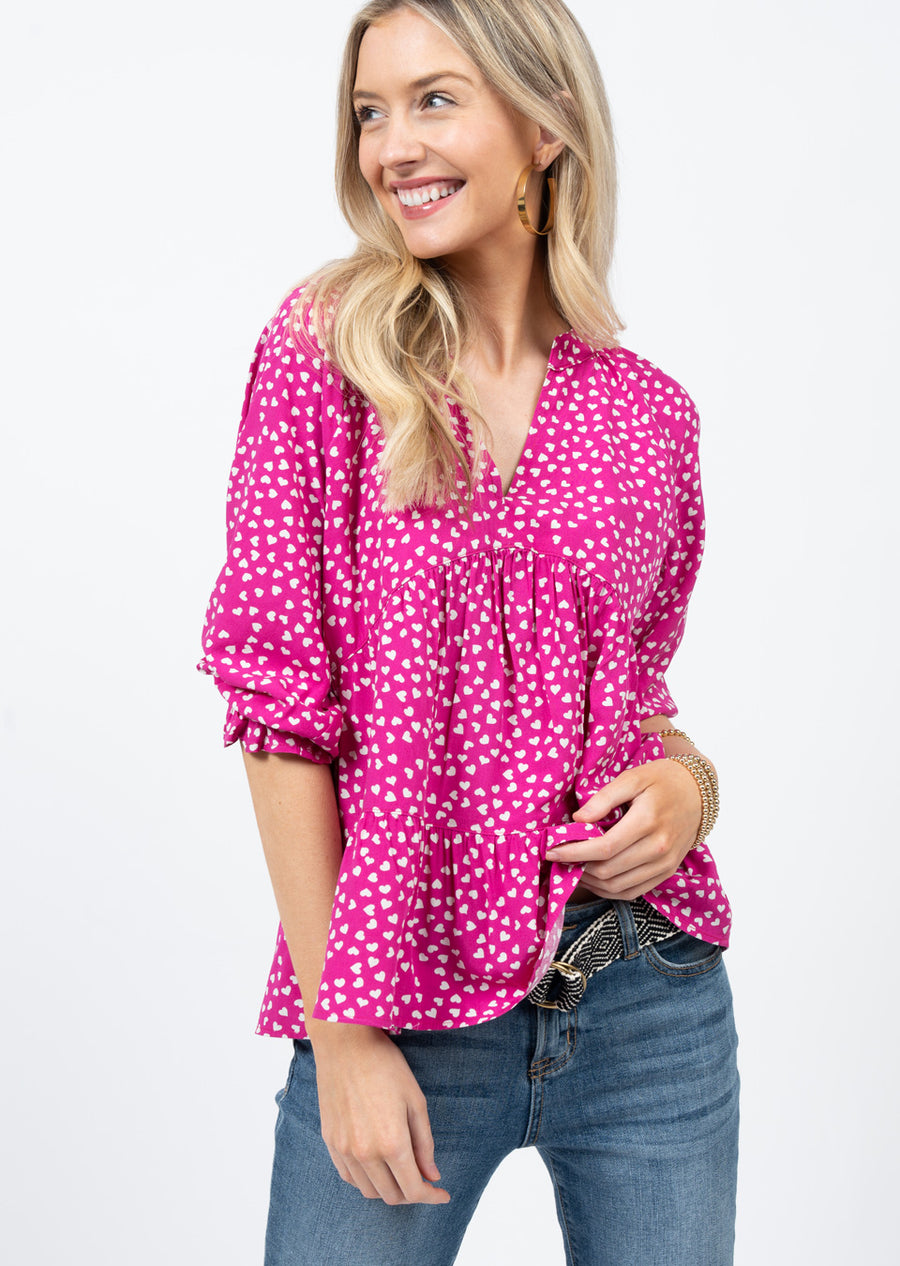 V Neck Tiered Top PINK HEART
